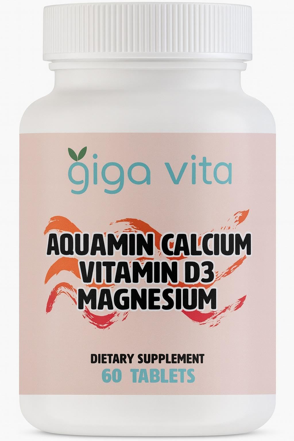 Giga Vita Aquamin calcium tablets bottle front showing plant-based calcium for bone support.