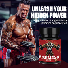 GIHNJSI Powerlifter smelling salts bottle close-up highlighting aroma cue and energy