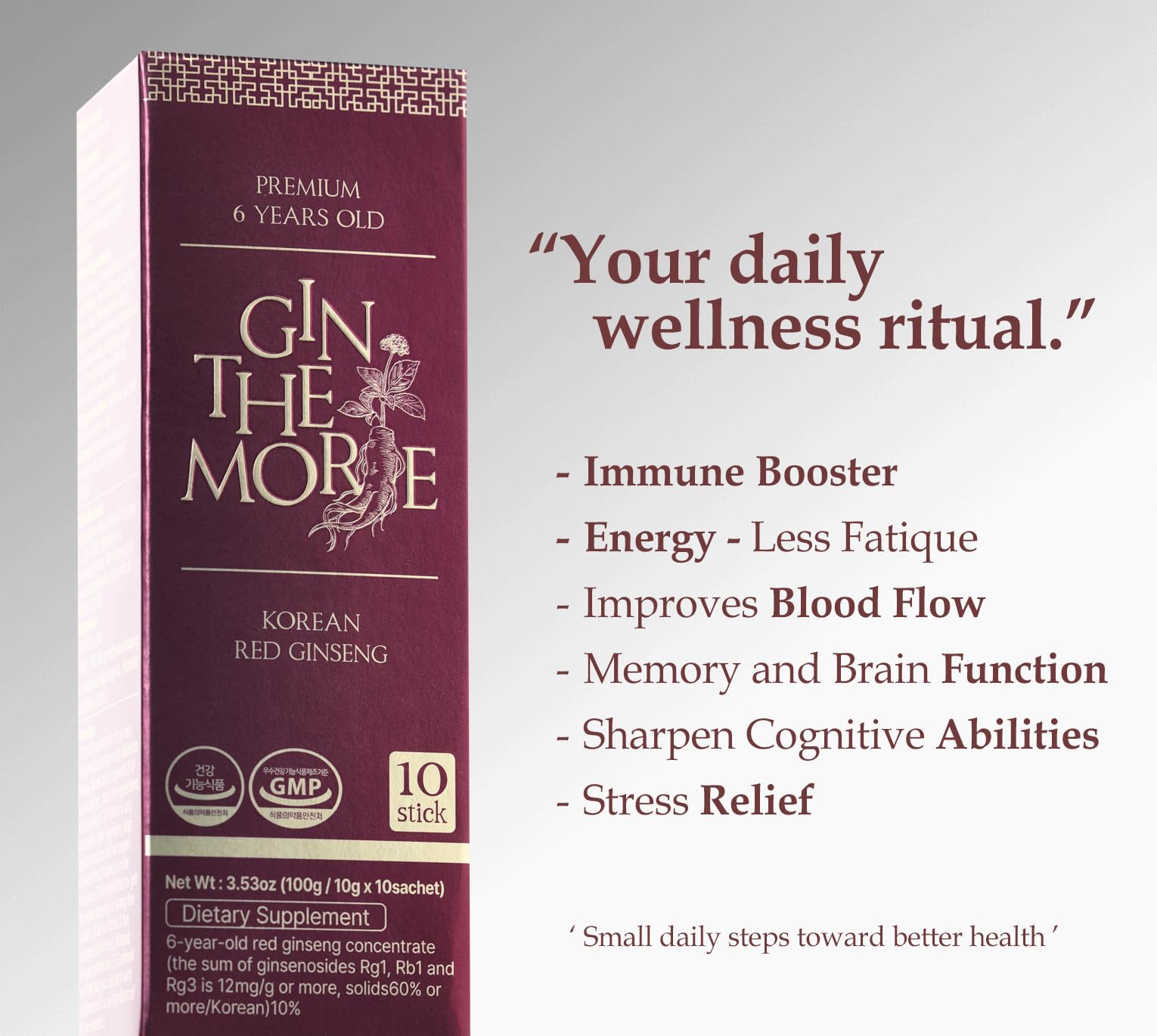 Six-year-old red ginseng roots highlight premium quality.