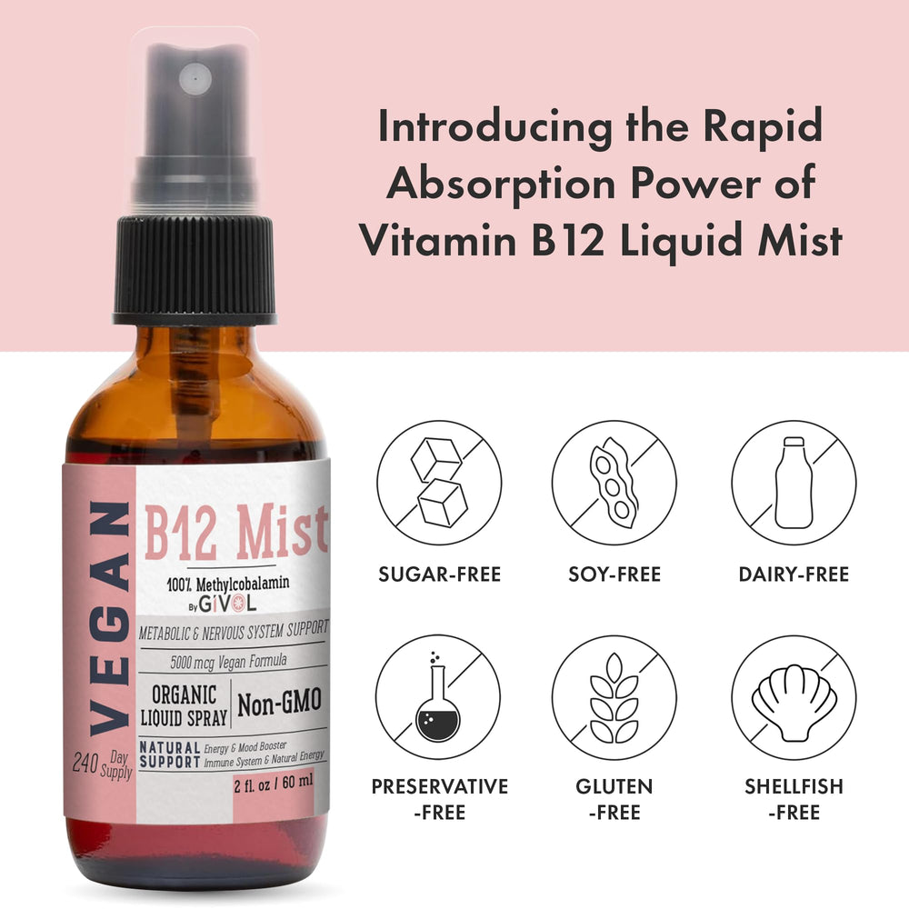 GIVOL B12 Mist bottle-label – clear vegan vitamin information for mindful daily use.