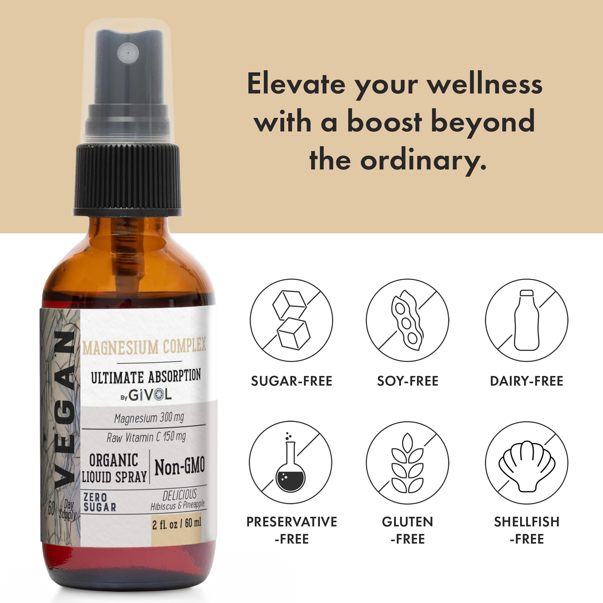 GIVOL Tri Magnesium Complex 60 ml packaging emphasizes plant-based, allergy-friendly formula.