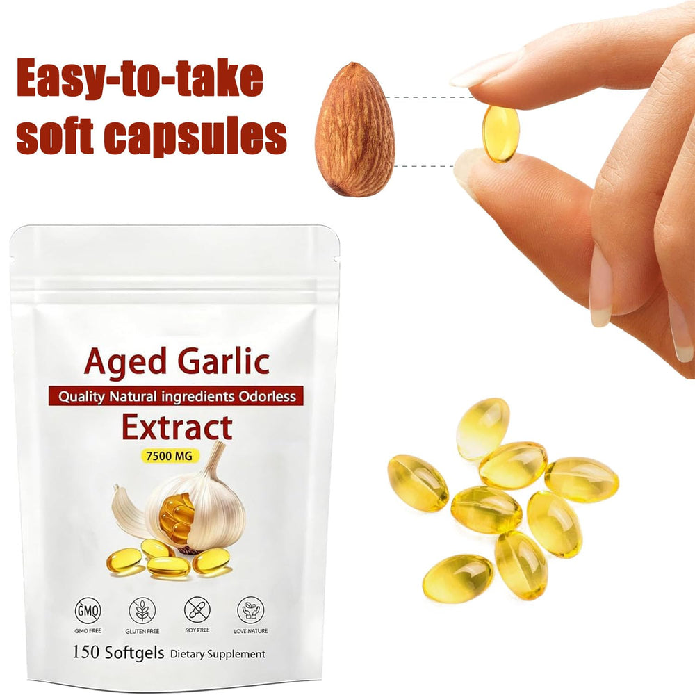 GKOKG aged garlic extract softgels closeup showing odorless capsules.