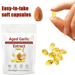 GKOKG aged garlic extract softgels closeup showing odorless capsules.