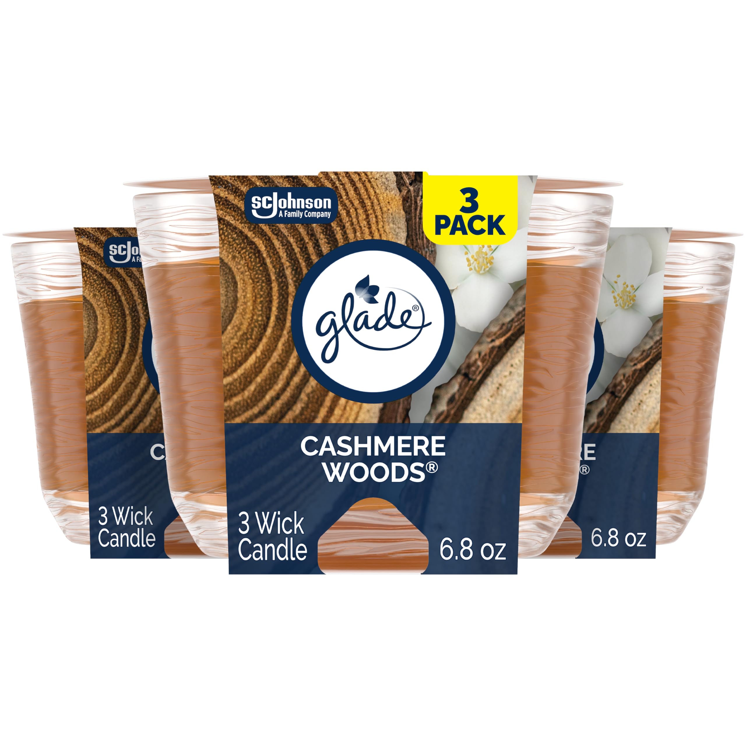 Glade Cashmere Woods 3-Wick Candle glowing warmly for cozy evenings.