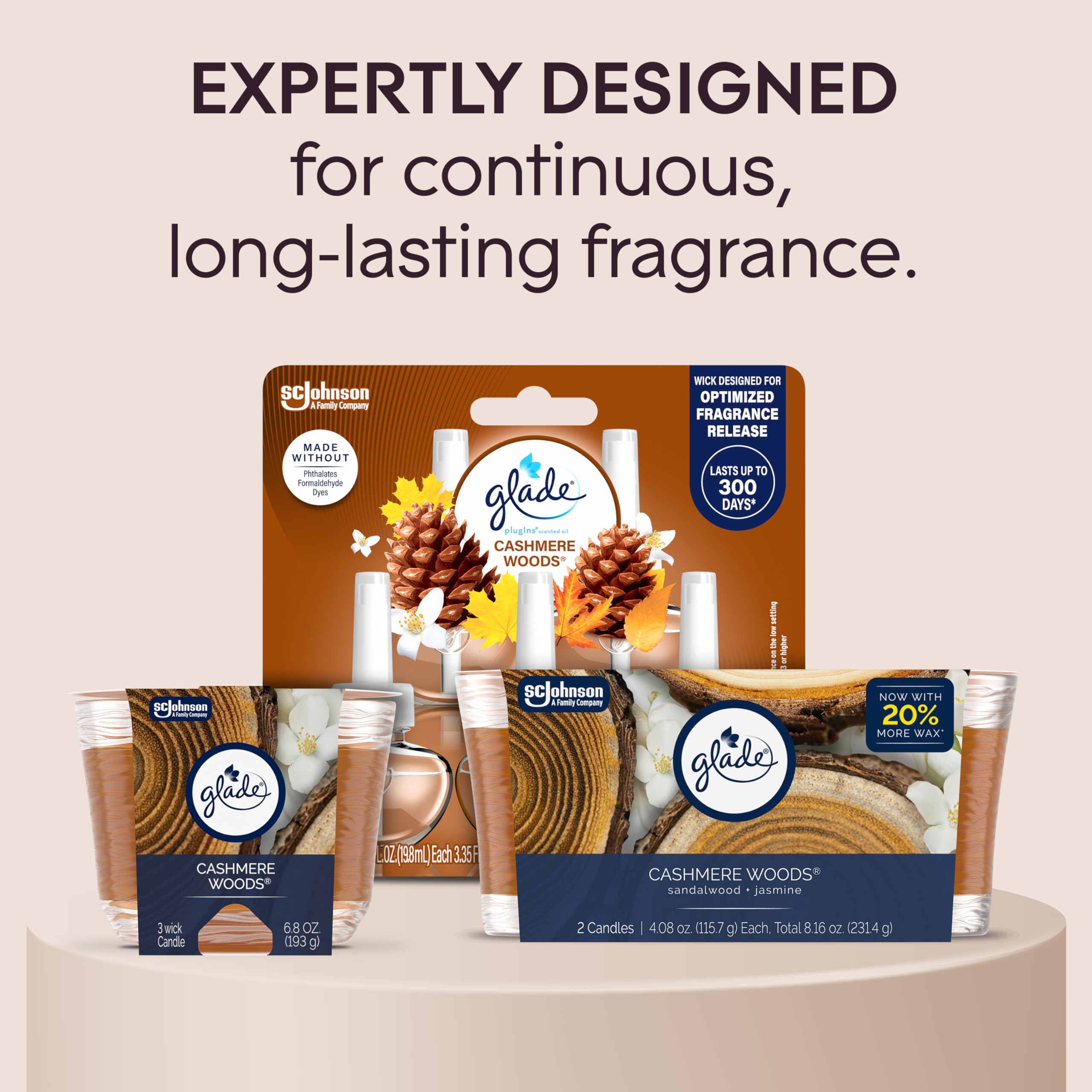 Glade Cashmere Woods me-time moment with a relaxing, warm glow.