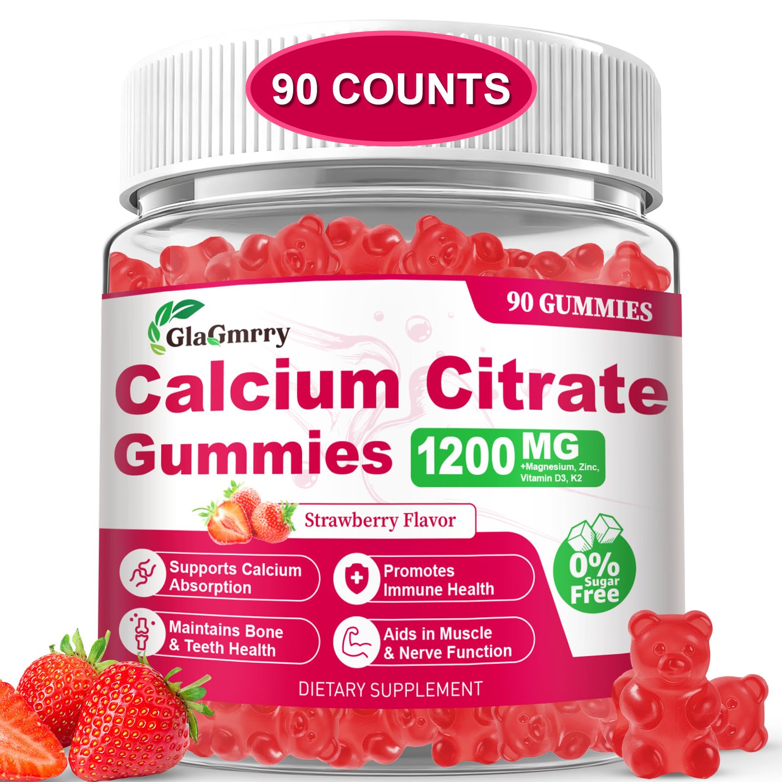 GlaGmrry 90-count Calcium Citrate Gummies bottle with strawberry flavor for daily bone support.