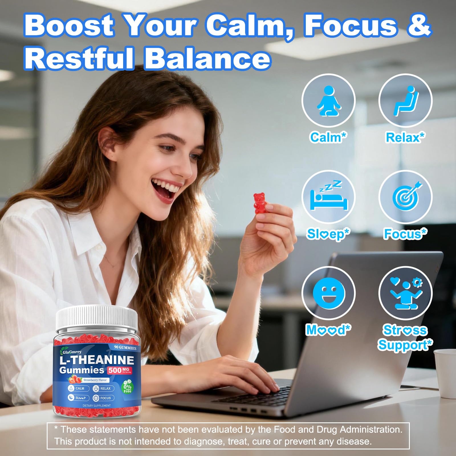 Daily calm routine with GlaGmrry gummies at the desk.