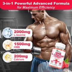 GlaGmrry HMB Leucine Gummies raspberry label highlights vegan, non-GMO formula.