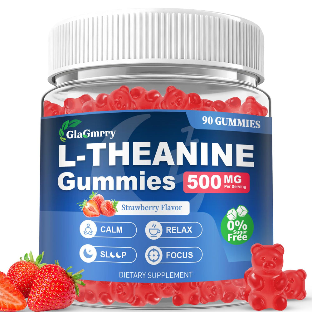 GlaGmrry L-Theanine gummies jar promotes calm focus for daily use.