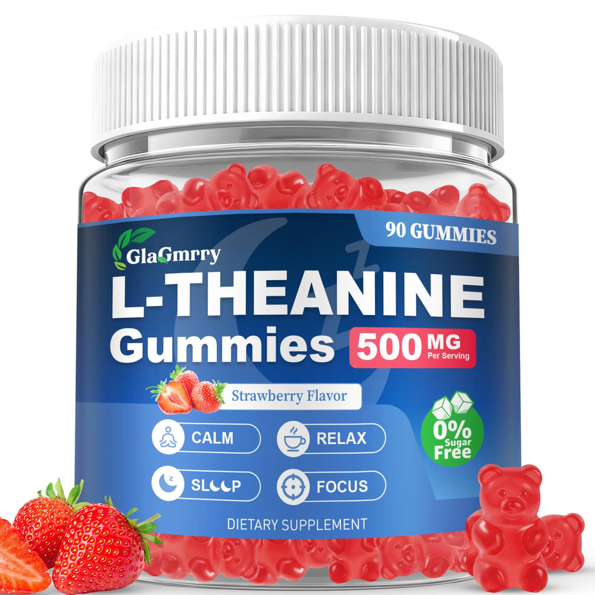 GlaGmrry L-Theanine gummies jar promotes calm focus for daily use.