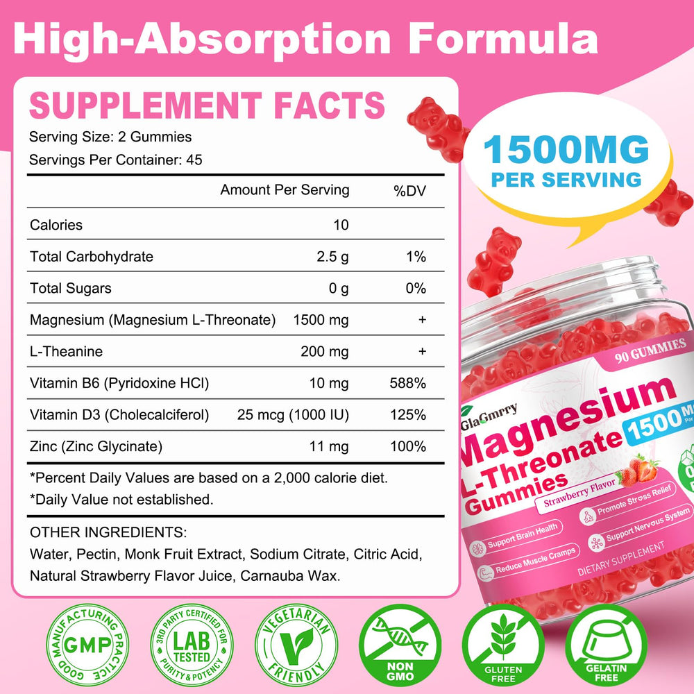 GlaGmrry gummies close-up highlights strawberry flavor and sugar-free formula.