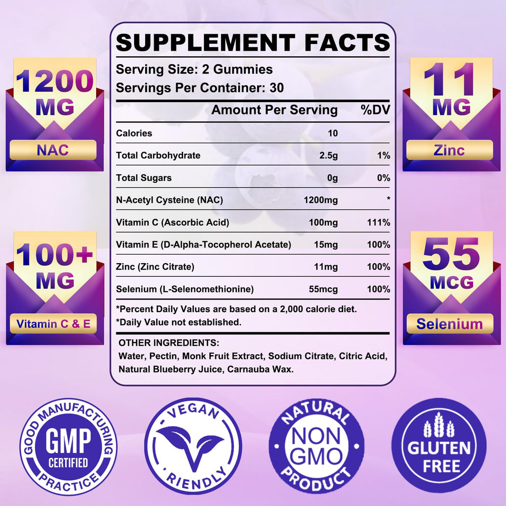 GlaGmrry NAC gummies back label shows zinc and vitamins for antioxidant protection