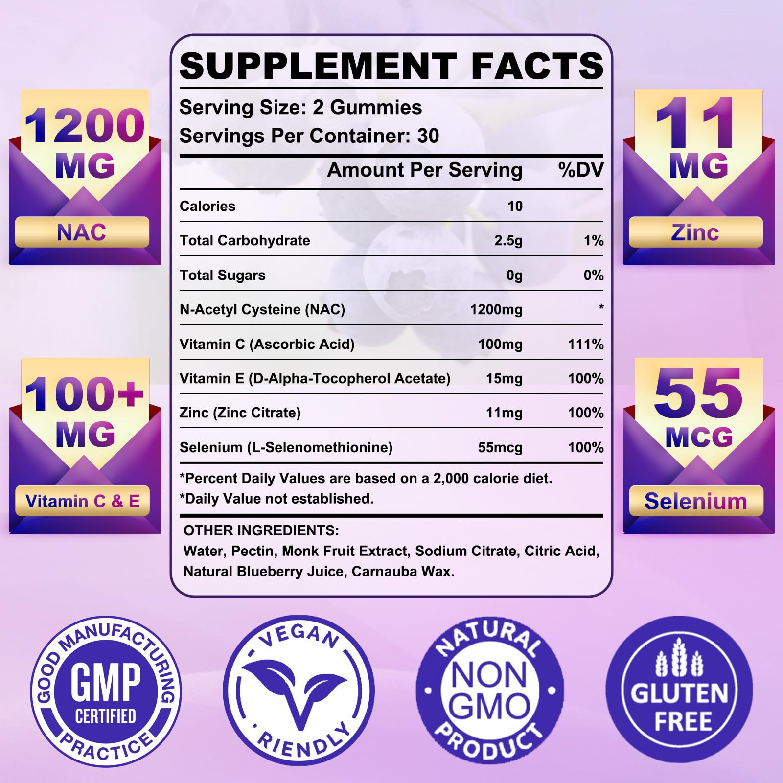 GlaGmrry NAC ingredients panel shows 1200mg per serving.