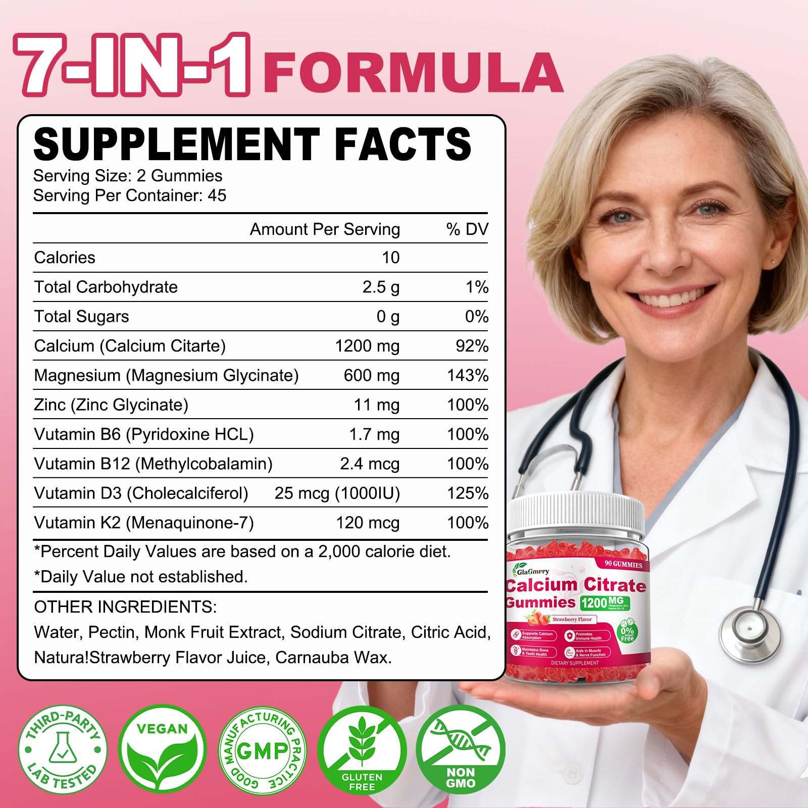 GlaGmrry vegan pectin gummies, strawberry flavor, gluten-free option for daily wellness.