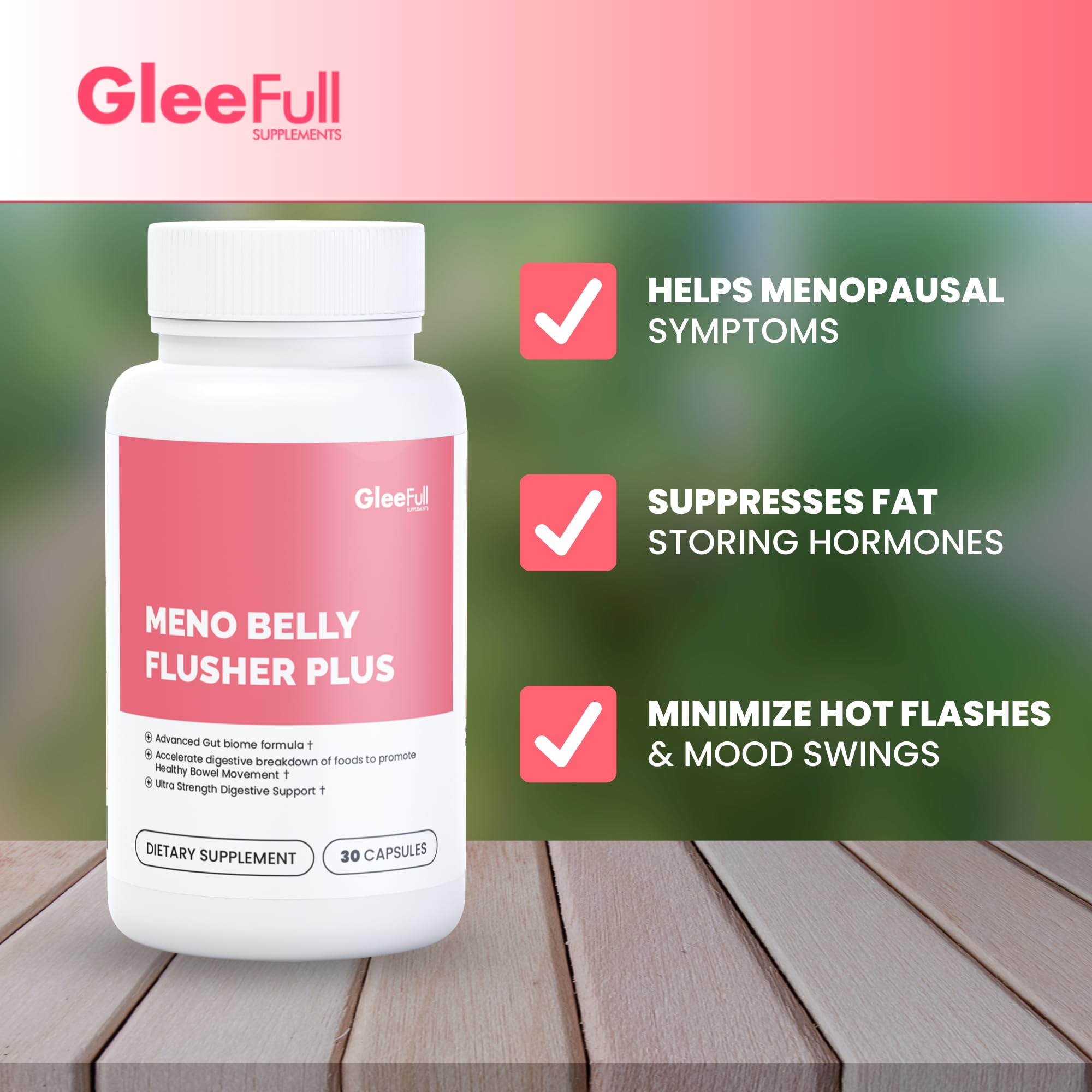 GLEEFULL SUPPS Meno Belly Flusher Plus label detail on bottle for clarity