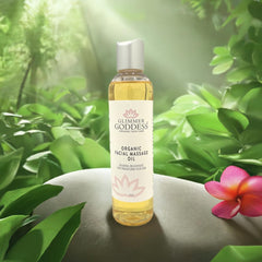 Glimmer Goddess Apricot Seed Oil close-up—moisturizes skin for a radiant facial massage.