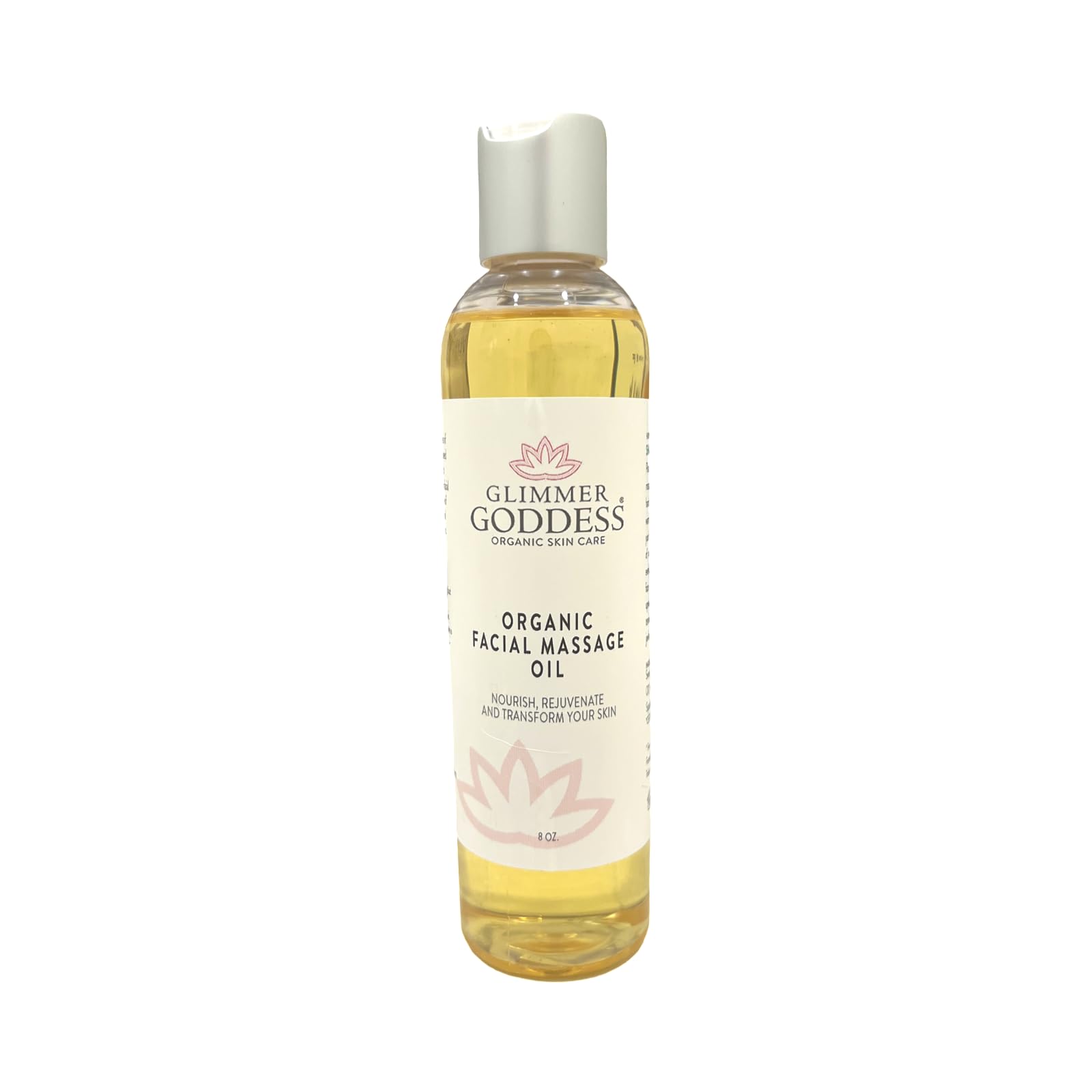 Glimmer Goddess Organic Facial Massage Oil bottle—smooth facial care with unscented formula.