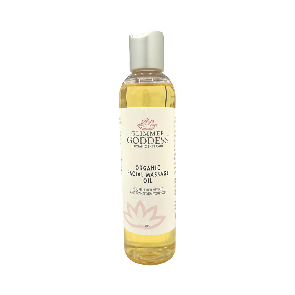 Glimmer Goddess Organic Facial Massage Oil bottle—smooth facial care with unscented formula.