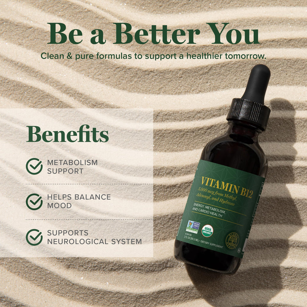 Global Healing B12 bottle on counter ready for daily use