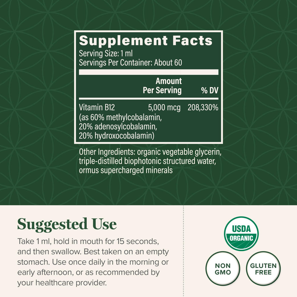 Global Healing B12 label detail showing organic vegan ingredients