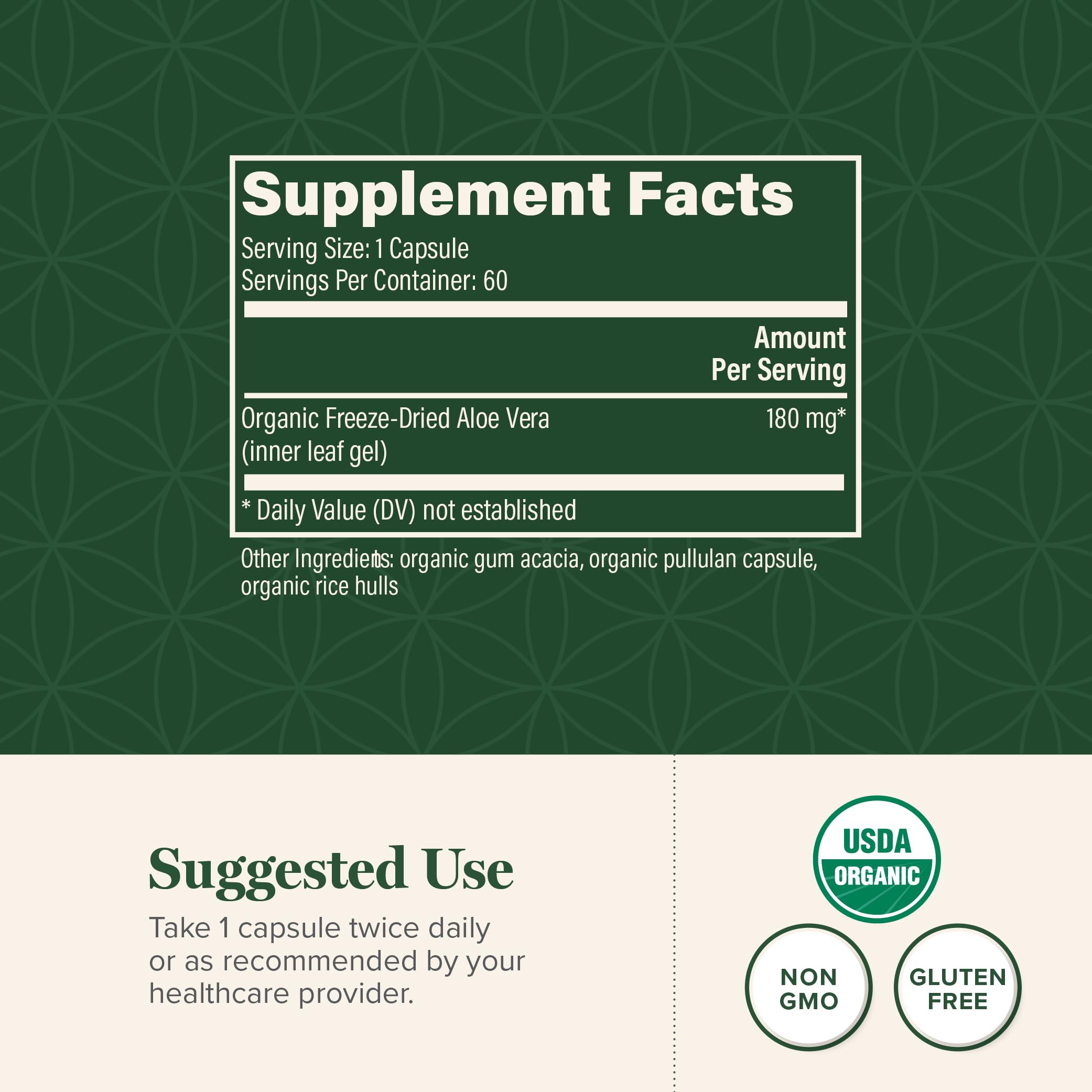 Global Healing Center Aloe Vera label packaging highlights aloin-free, certified-organic leaf formulation.
