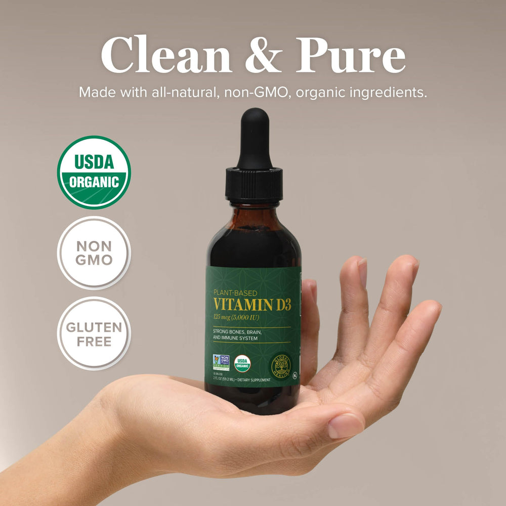 Global Healing Center Vitamin D3 drops amber bottle close-up preserves freshness.