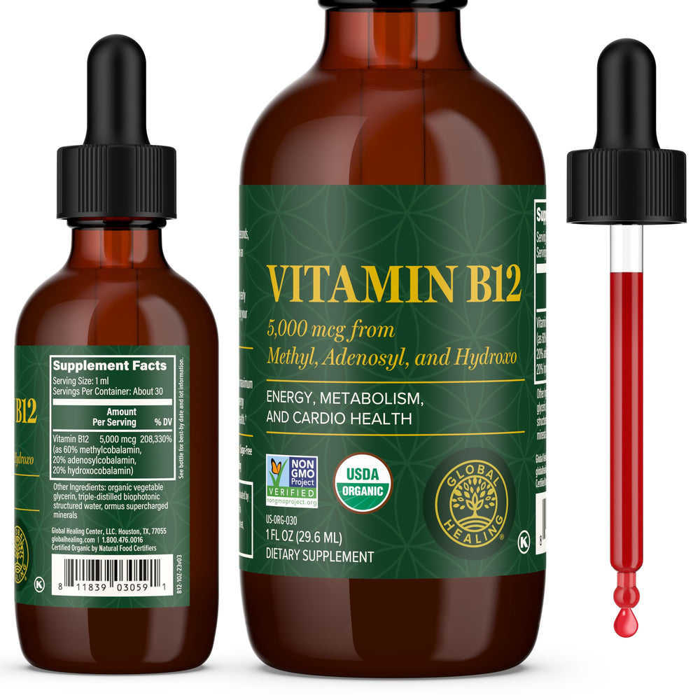 Global Healing Center B12 Sublingual 5000 mcg bottle for sustained energy support.