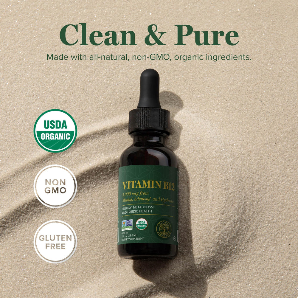 Global Healing Center B12 Sublingual 5000 mcg glass vial suggesting daily supplement routine.