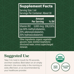 Global Healing Center B12 Sublingual 5000 mcg label highlighting organic vegan formula.