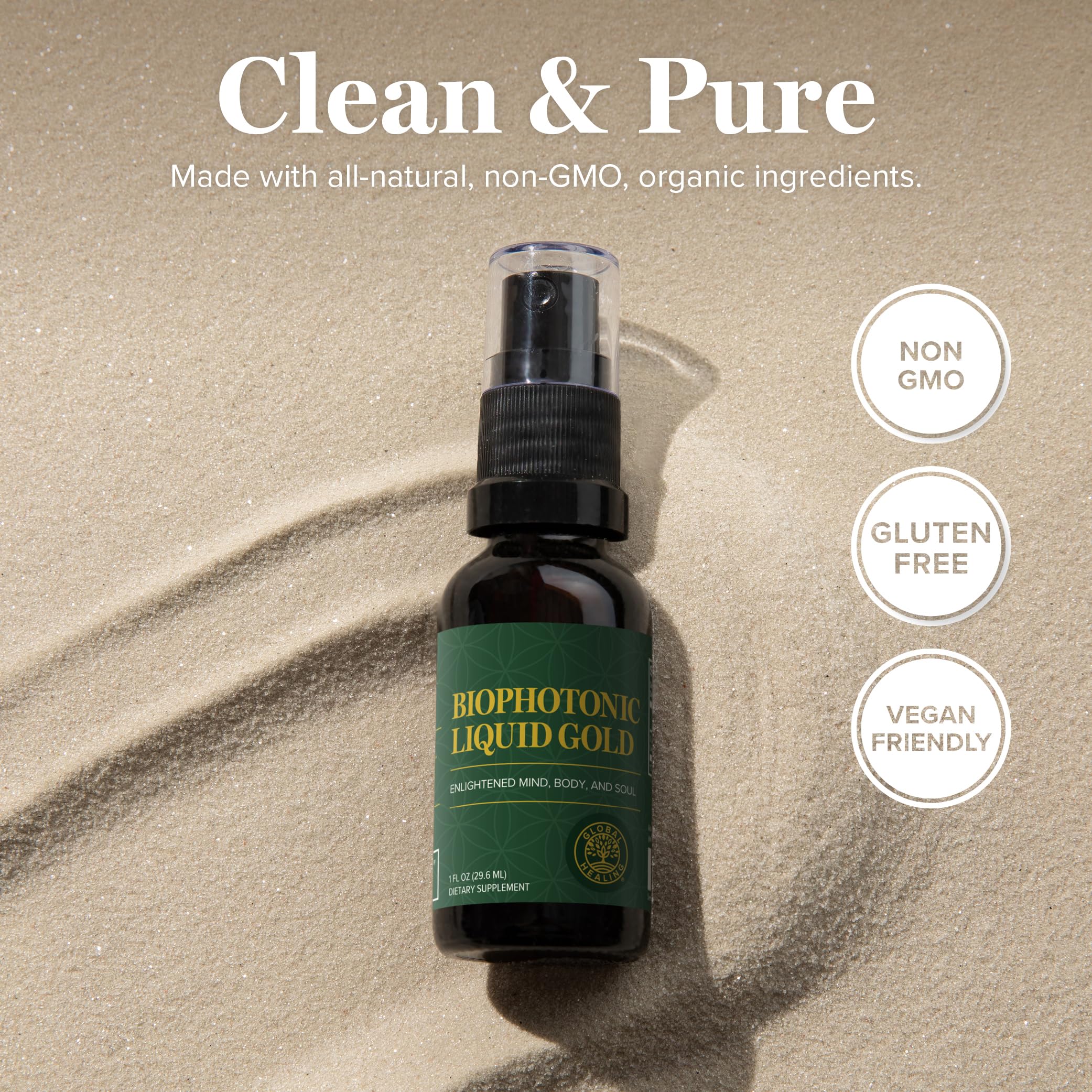 Global Healing Center Biophotonic Liquid Gold Spray packaging displays premium wellness branding.