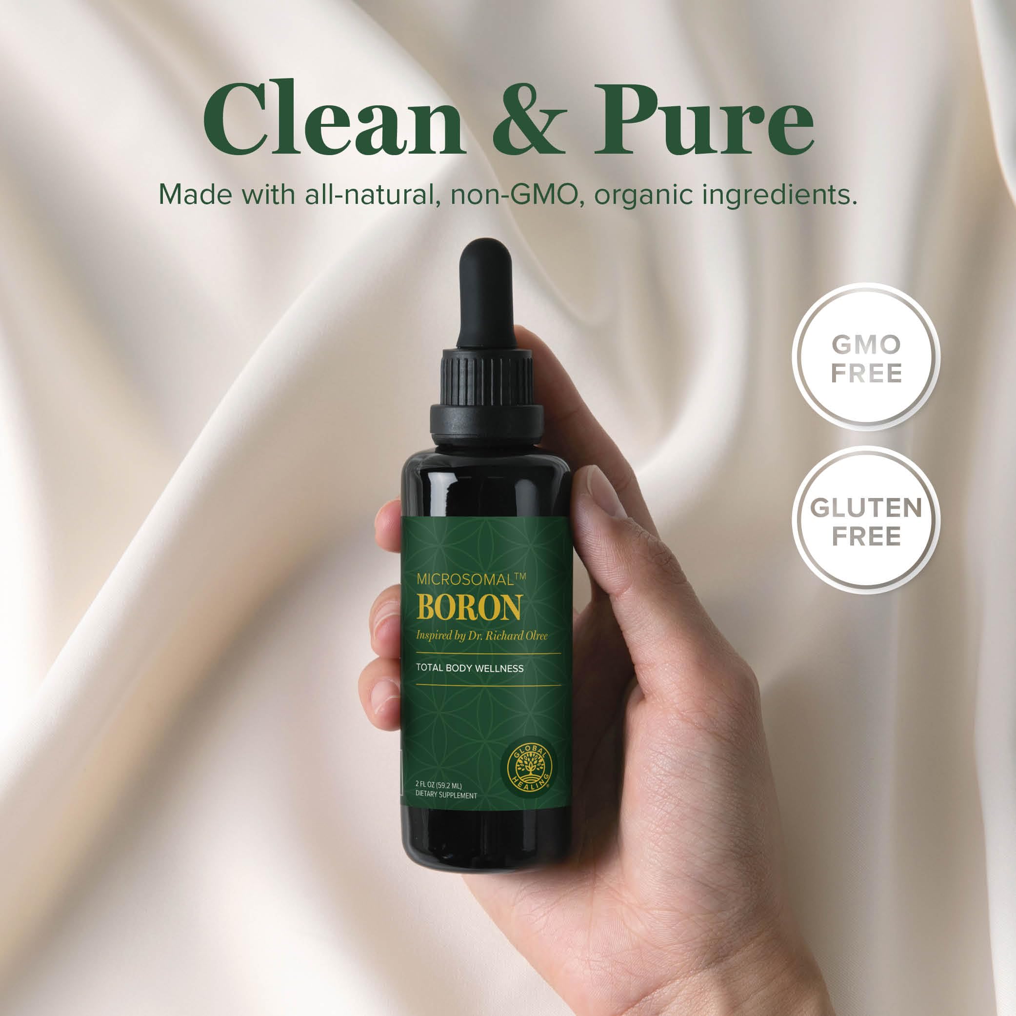 Global Healing Center boron supplement capsule close-up with small tablets.