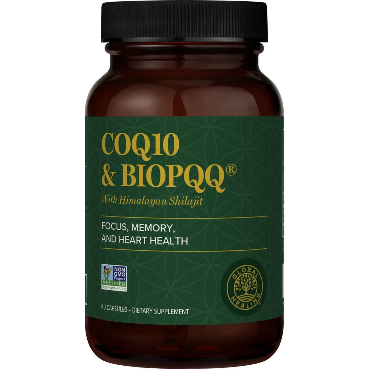 Global Healing Center CoQ10 BioPQQ bottle promotes heart and brain health.