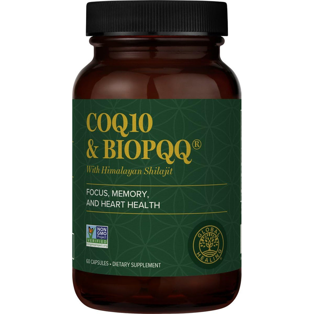 Global Healing Center CoQ10 BioPQQ bottle promotes heart and brain health.