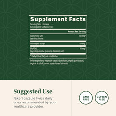 Global Healing Center CoQ10 BioPQQ label highlights organic ingredients and USA manufacturing.