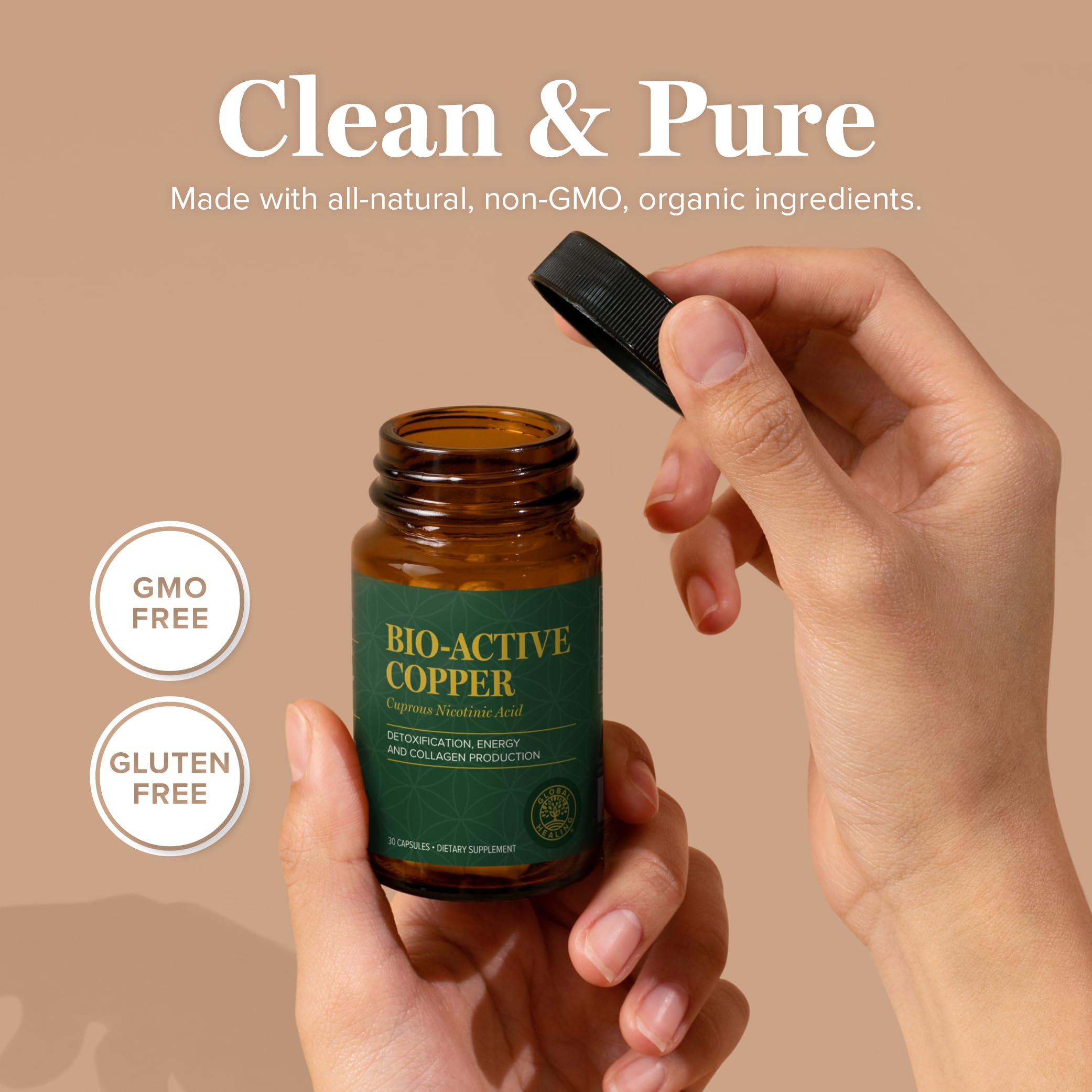 Global Healing Center Cu1 bottle in hand suggests easy daily copper supplementation.