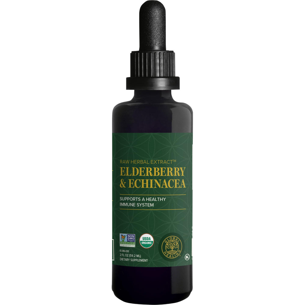 Global Healing Center elderberry-echinacea tincture bottle pour supports easy daily immune support