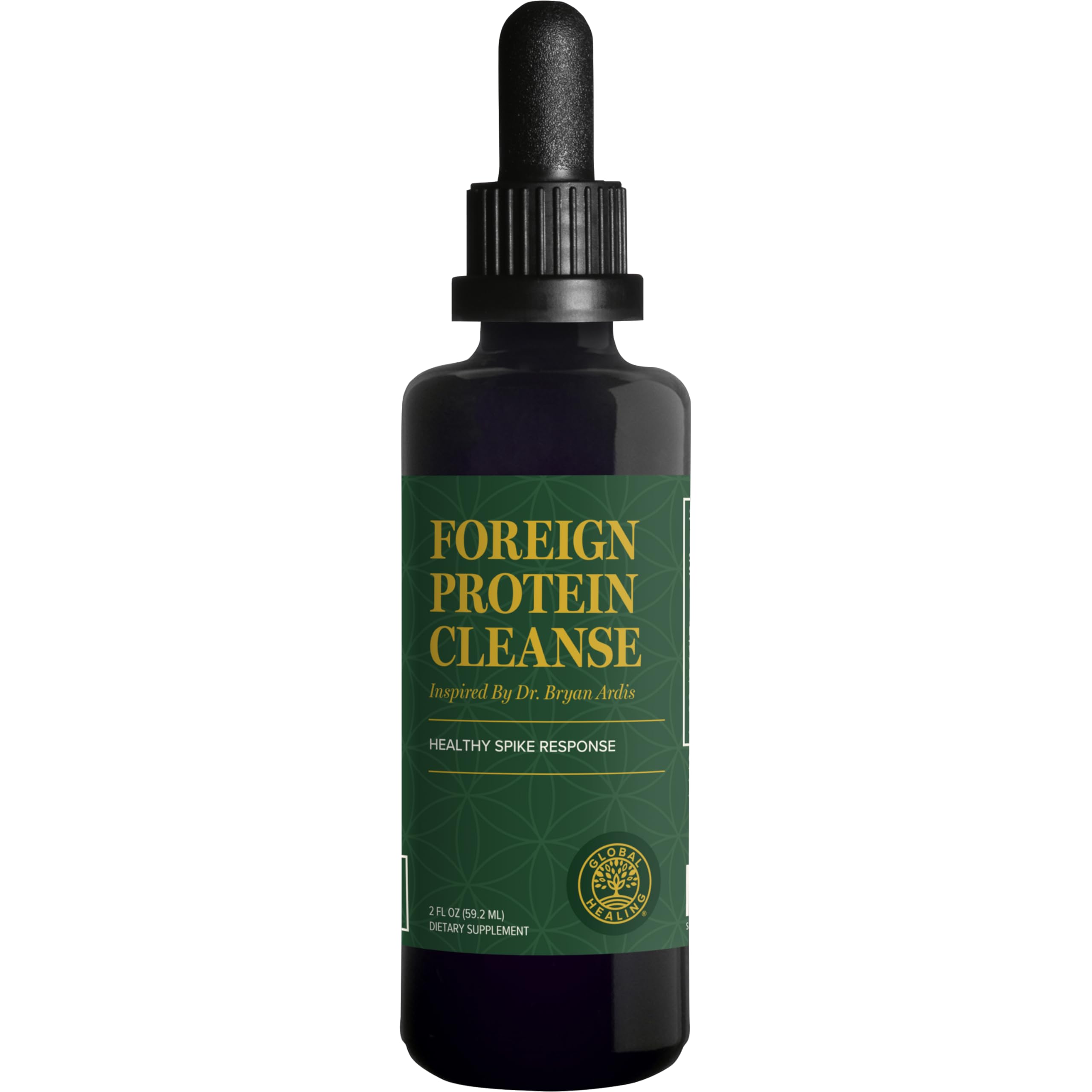 Global Healing Center Foreign Protein Cleanse bottle shown for potential spike protein detox support.