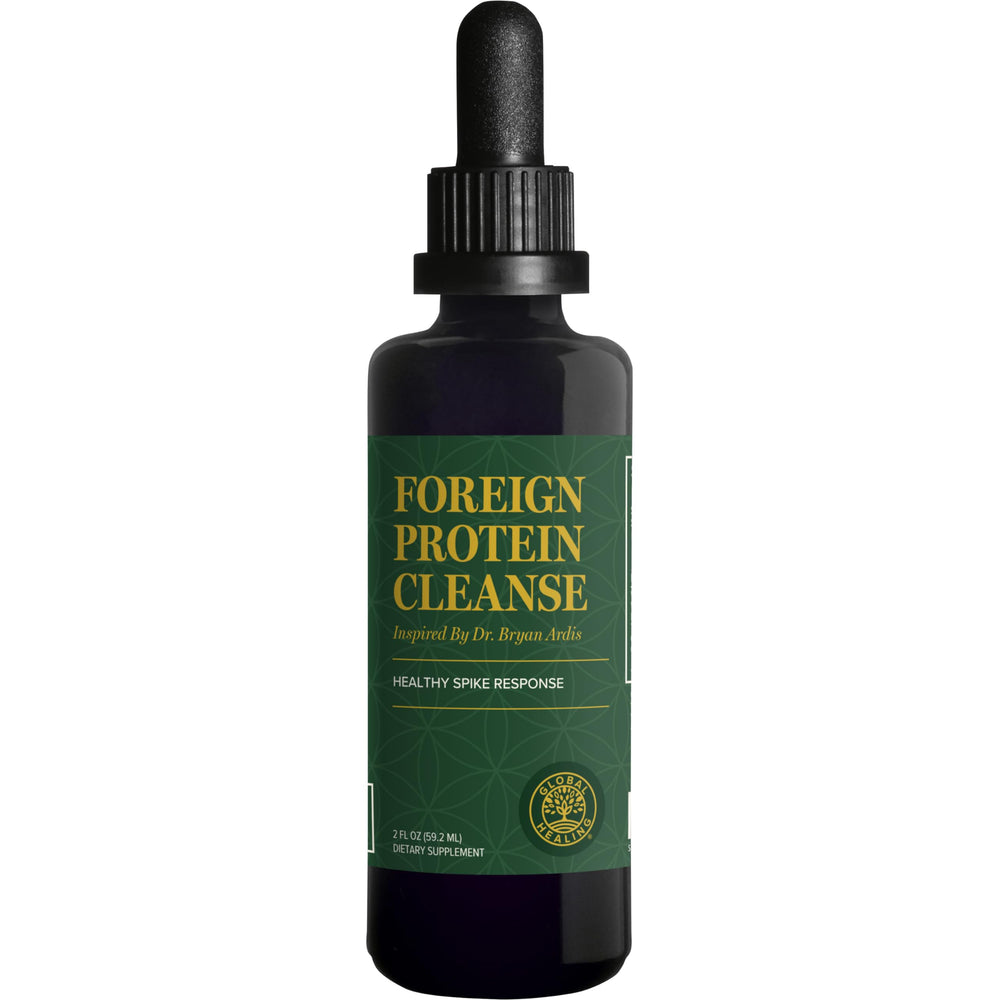 Global Healing Center Foreign Protein Cleanse bottle shown for potential spike protein detox support.