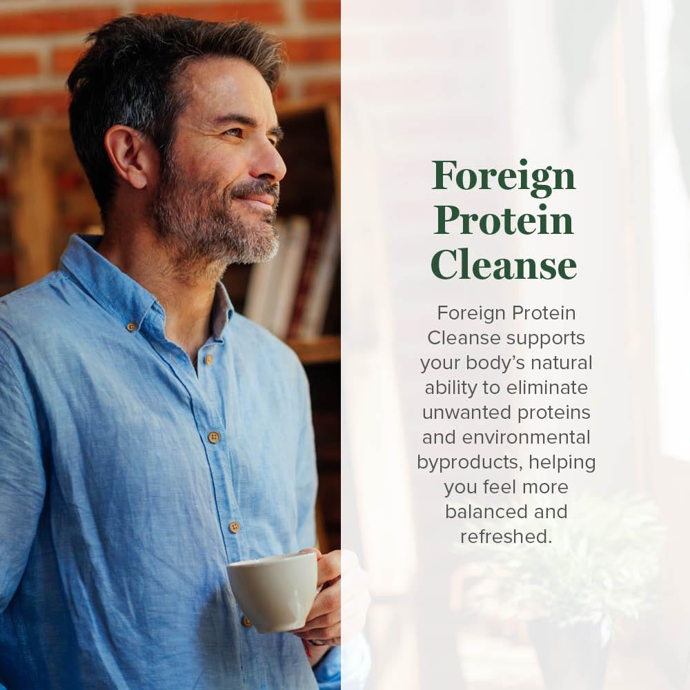 Global Healing Center Foreign Protein Cleanse label closeup highlighting immune support focus.