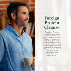 Global Healing Center Foreign Protein Cleanse label closeup highlighting immune support focus.