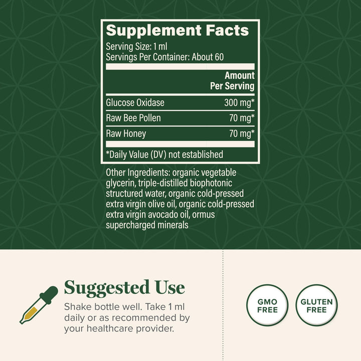 Global Healing Center label shows 3 natural sources: glucose oxidase, raw honey, and raw bee pollen.