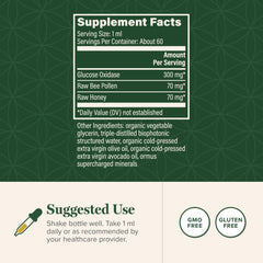 Global Healing Center label shows 3 natural sources: glucose oxidase, raw honey, and raw bee pollen.