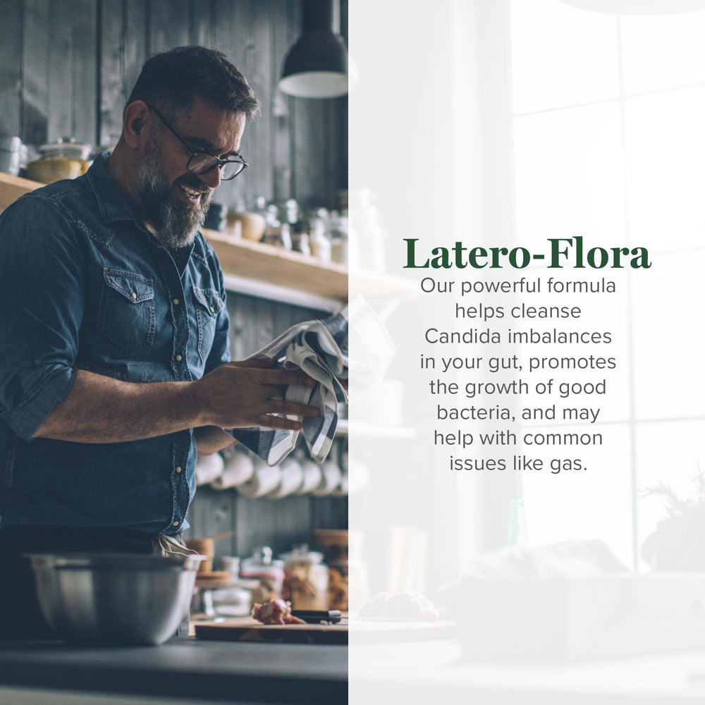 Global Healing Center Latero-Flora bottle back shows ingredients for informed daily use.