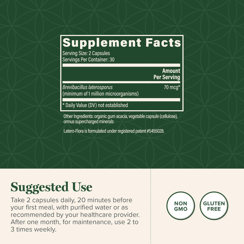 Global Healing Center Latero-Flora capsules close-up highlighting probiotic support.