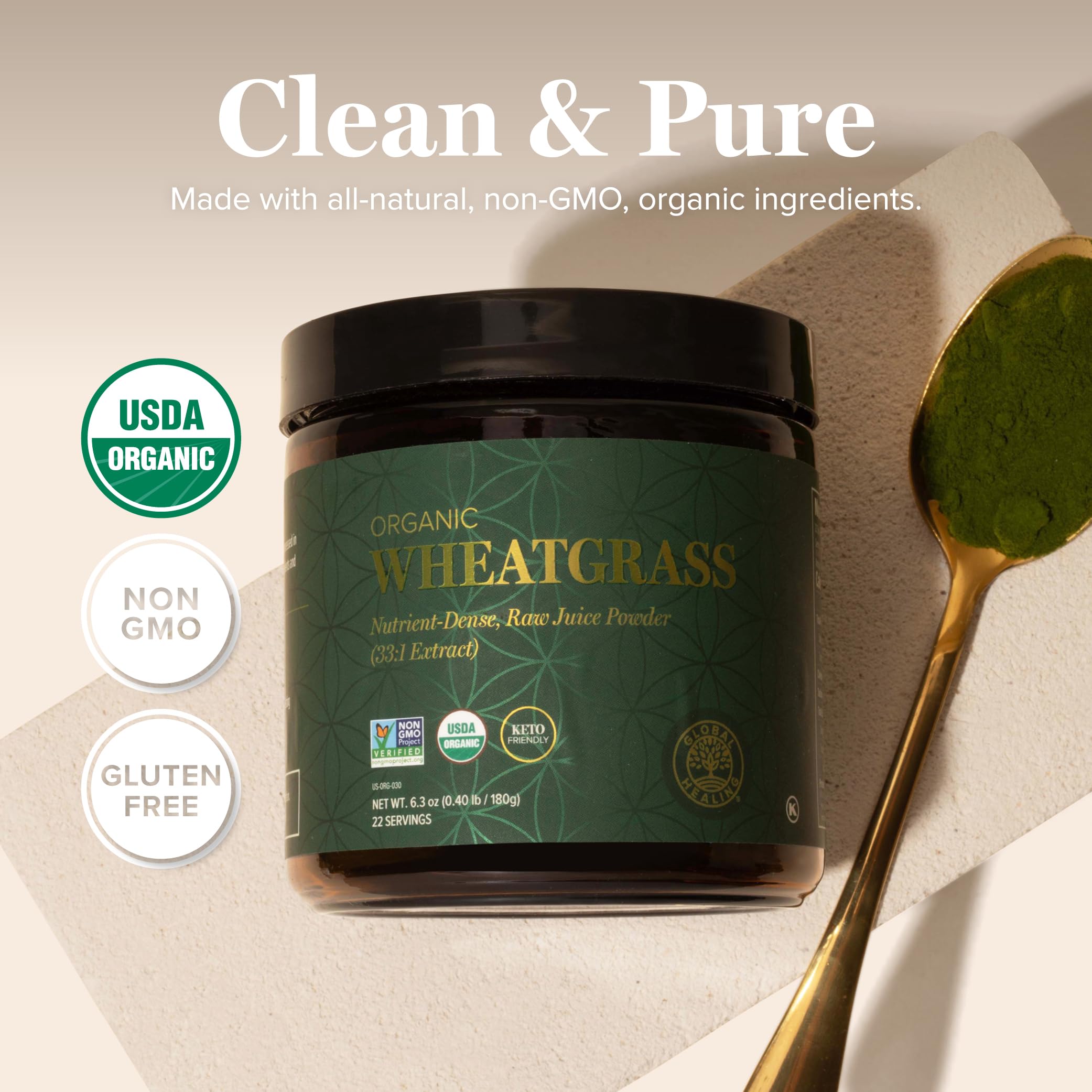 Global Healing Center non-GMO cold-processed wheat grass powder bottle ready for daily use.