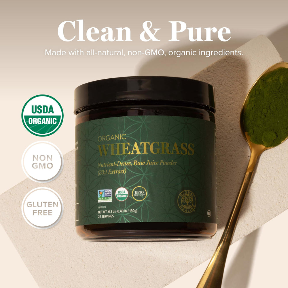 Global Healing Center non-GMO cold-processed wheat grass powder bottle ready for daily use.