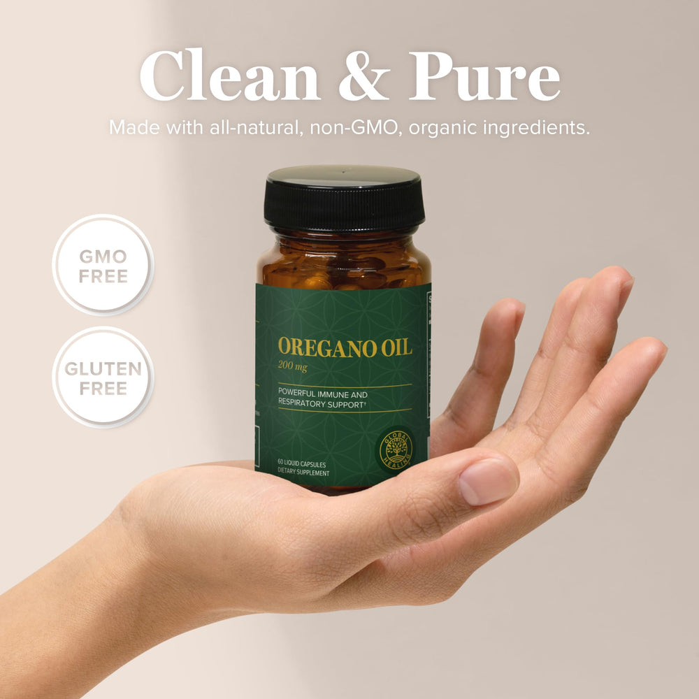 Global Healing Center oregano oil capsules with cayenne for digestive support.