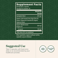 Global Healing Center oregano oil capsules poured out showing easy-to-swallow capsules.