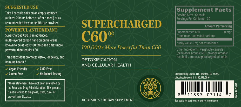 Global Healing Center Organic MCT powder shown as easy mix-in for capsules.