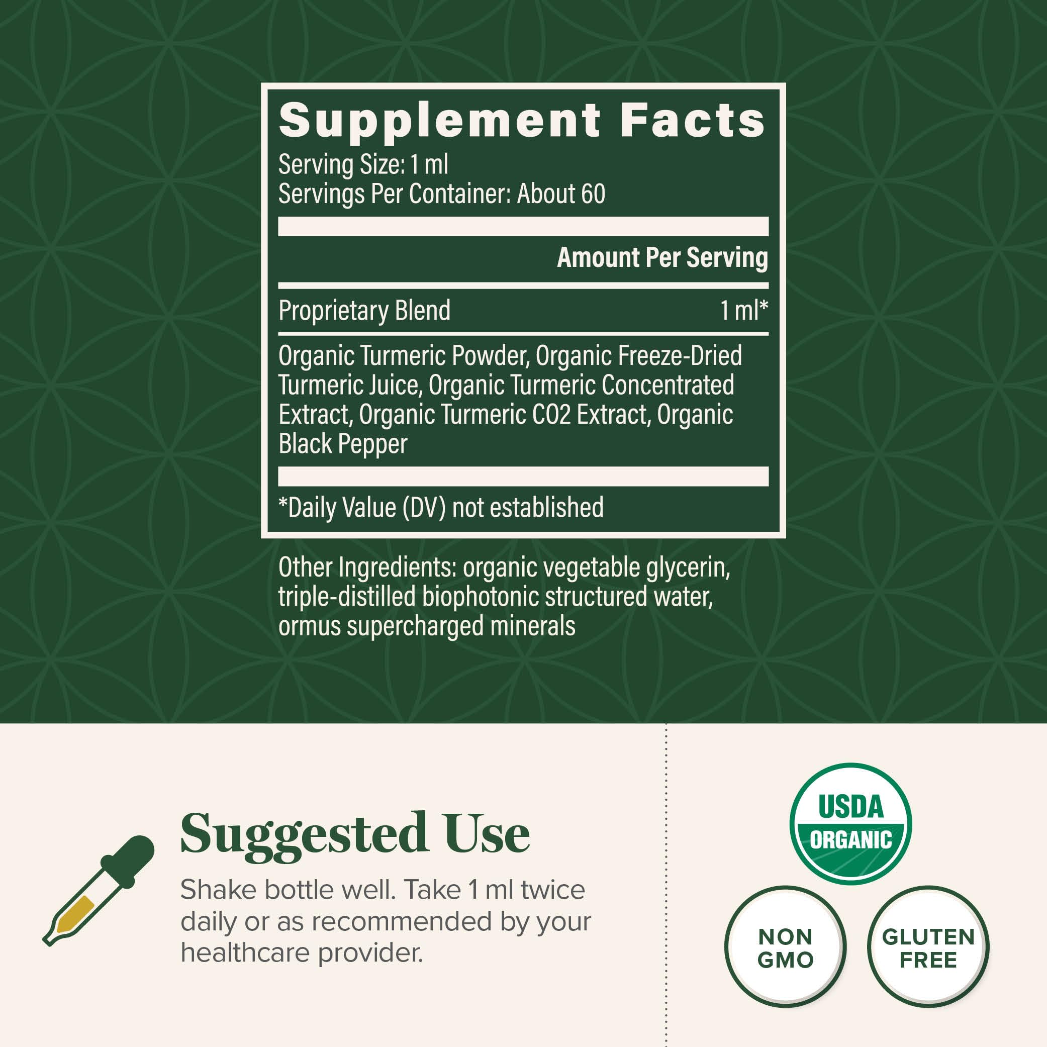 Global Healing Center Organic Turmeric Curcumin Drops label close-up emphasizes black pepper for absorption.